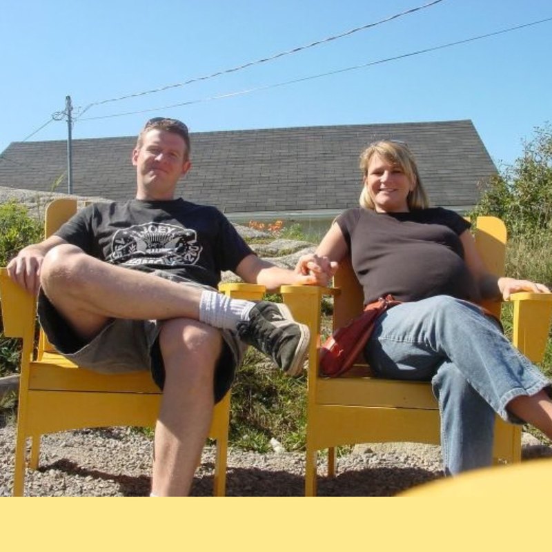 The two boobs, before babies, in yellow chairs at Peggy’s Cove, Nova Scotia