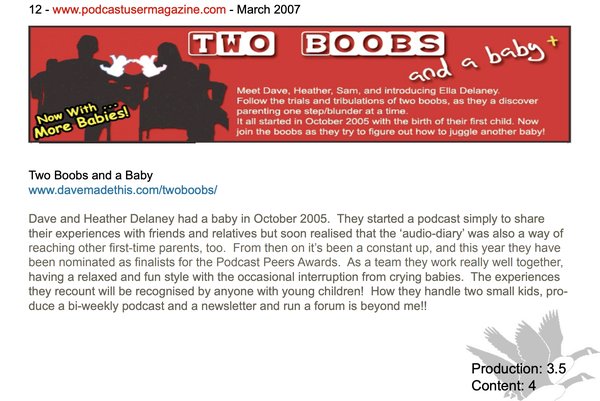Podcast User Magazine review of Two Boobs and a Baby